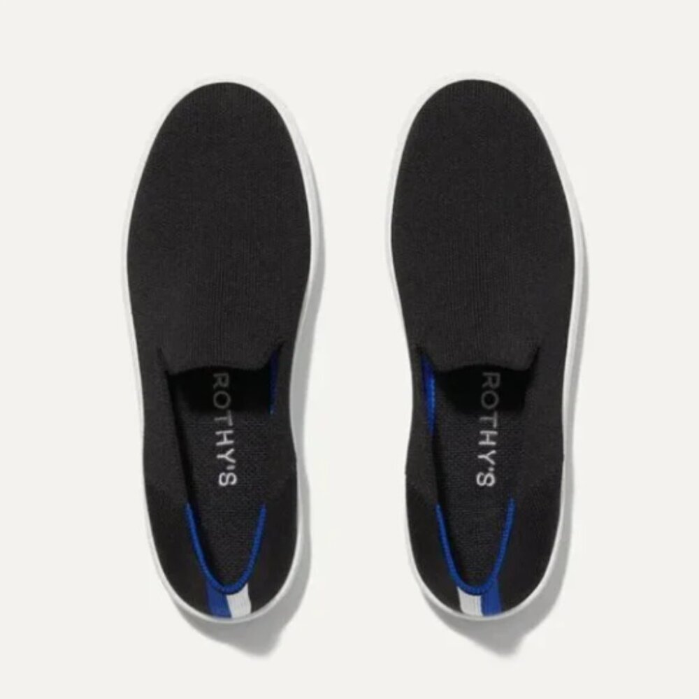 Rothy's Black Knit Slip-On Sneakers with Blue Trim